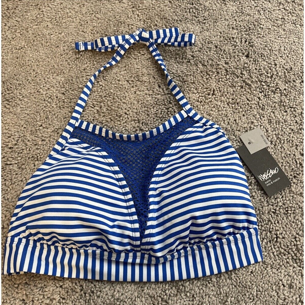 Women's Mossimo Striped Bikini Top Size D/DD High Neck Halter Netted Blue/White